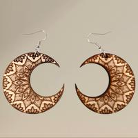 Orecchini Luna incisi, orecchini in legno donna