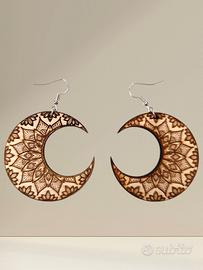 Orecchini Luna incisi, orecchini in legno donna