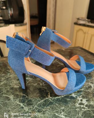 sandali pelle Denim con tacco, cinturino e zip
