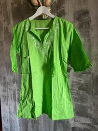 Tunica kaftano copricostume Verde con Ricamo Bianc
