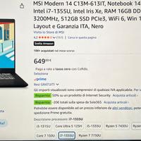 Notebook MSI 14 FHD ,i7 1355U,RAM 16,SSD 512  NUOV