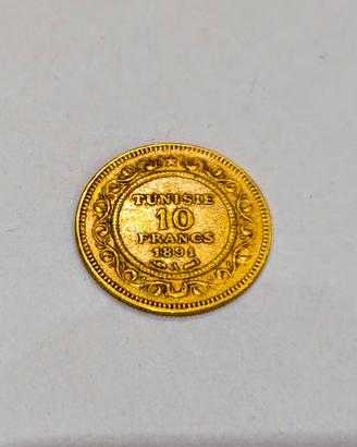10 franchi oro Tunisia 1891 protettorato francese