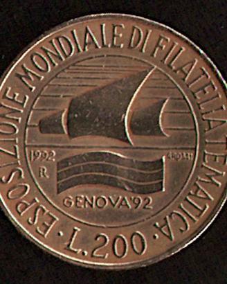 Moneta 200 Lire Esposizione Filatelica Genova 1992