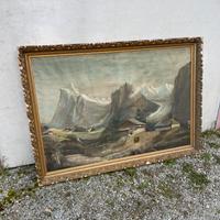 Grande dipinto olio su tela montagne da restaurare
