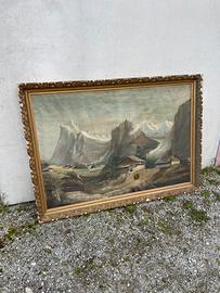 Grande dipinto olio su tela montagne da restaurare