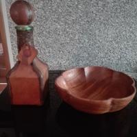 portafrutta in legno, bottiglia ricoperta in cuoio