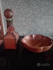 portafrutta in legno, bottiglia ricoperta in cuoio