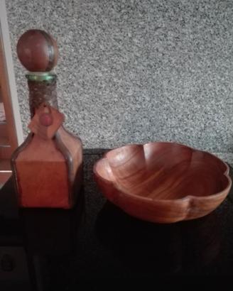 portafrutta in legno, bottiglia ricoperta in cuoio