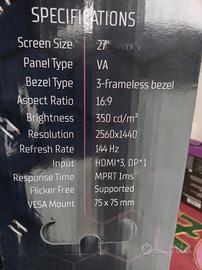 Monitor ITEK 27 pollici, 144HZ, 2560x1440, 1 ms