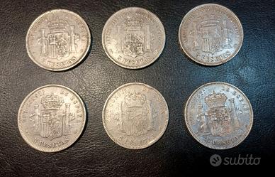 Lotto di 6 Monete in Argento 5 Pesetas 