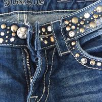 Pantaloni jeans blu donna strass borchie taglia M