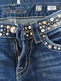 Pantaloni jeans blu donna strass borchie taglia M