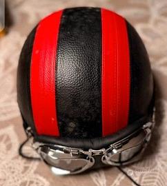 casco moto vintage jet in pelle nero e rosso