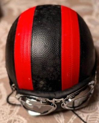 casco moto vintage jet in pelle nero e rosso
