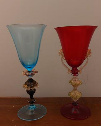 coppia calici artistici in vetro di Murano e fogli