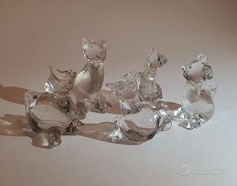 5 Statuine Gatti in Cristallo Miniatura Vintage