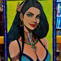 Quadro legno inciso e dipinto a mano.