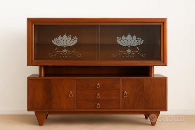 Credenza vintage anni 50 in legno e vetro inciso