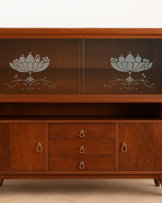 Credenza vintage anni 50 in legno e vetro inciso