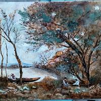 Quadro paesaggio con fiume dipinto a olio 40x30.