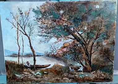 Quadro paesaggio con fiume dipinto a olio 40x30.