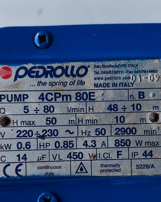 Pompa acqua Pedrollo 4CPm 80E – funzionante