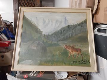 Quadro a tempera con cervo firma Furk.