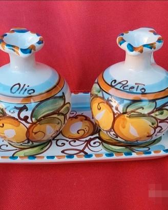 Caltagirone vera ceramica vitage set olio e aceto