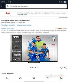 Smart TV 65 Pollici 4K 144HZ HDR QLED TCL - Rigo