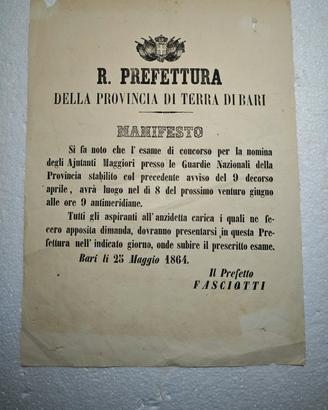 Decreto Concorso Guardia Nazionale Bari 1864 28x21