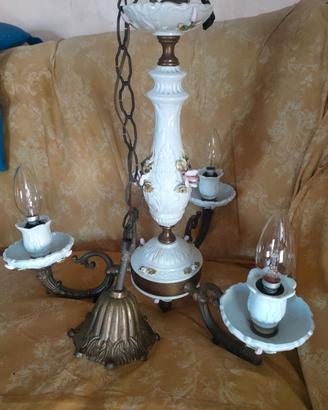 Lampadario in ceramica ed ottone di Bassano 3 luci