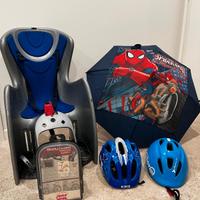 seggiolino bicicletta con 2  caschetto e ombrello 