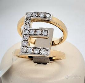 Anello lettera "E" in oro giallo e bianco 18 kr