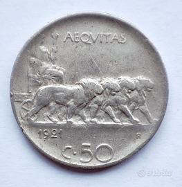 Moneta 50 Centesimi 1921 "Leoni"- contorno rigato 