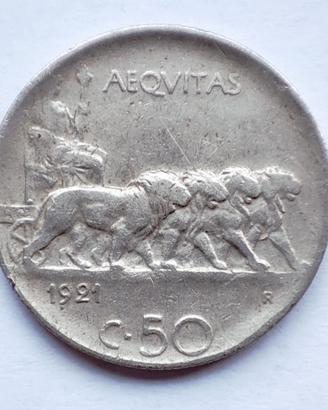 Moneta 50 Centesimi 1921 "Leoni"- contorno rigato 