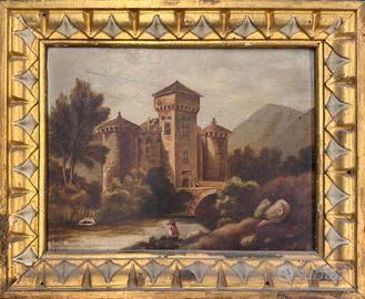 Antico quadro castello olio su tela Château de la
