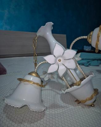 Lampadario vintage floreale a 3 luci, in vetro