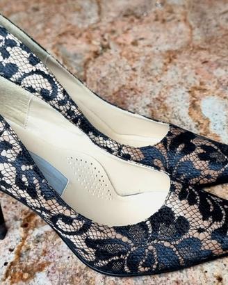 Scarpe Gueen Style in Italy, pizzo beige e nero,38