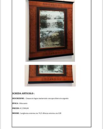 Cimasa legno intarsiato specchiera antiquariato