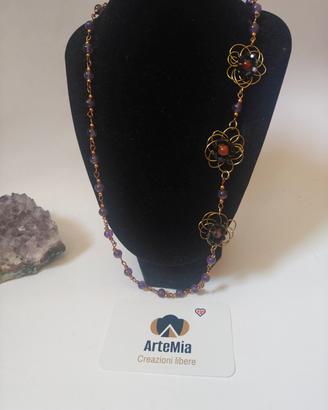 collana rosario ametista fiori rame biconi agata