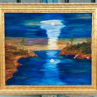 Quadro astratto con Luna splendente dipinto a olio
