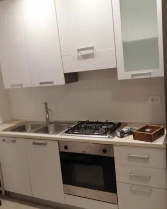 cucina lineare con lavello,  forno e fornello 