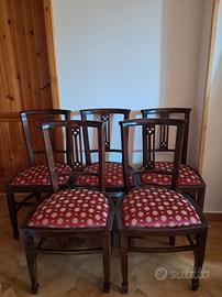 Set 5 sedie antiche legno massello tessuto rosso