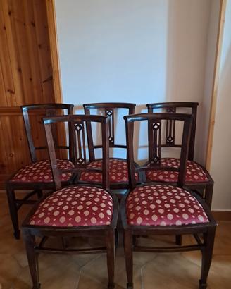 Set 5 sedie antiche legno massello tessuto rosso