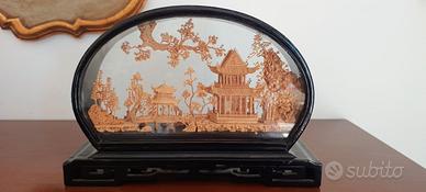 Diorama Cinese Vintage in Sughero Scultura Pagoda