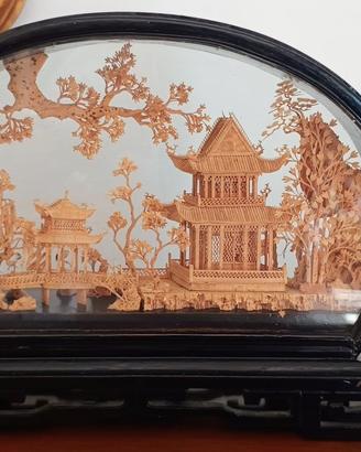 Diorama Cinese Vintage in Sughero Scultura Pagoda