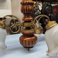 Lampadario Legno Ottone e Vetro opalino