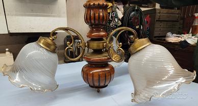 Lampadario Legno Ottone e Vetro opalino