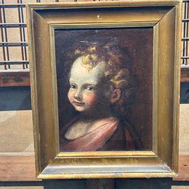 Antico dipinto olio su tela volto  Angelo -  Putto