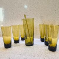 Caraffa + bicchieri in vetro verde ambrato